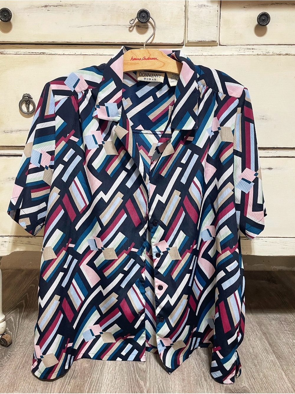 Donnkenny Woman Geometric Button-Up Blouse in Navy, Pink & Teal